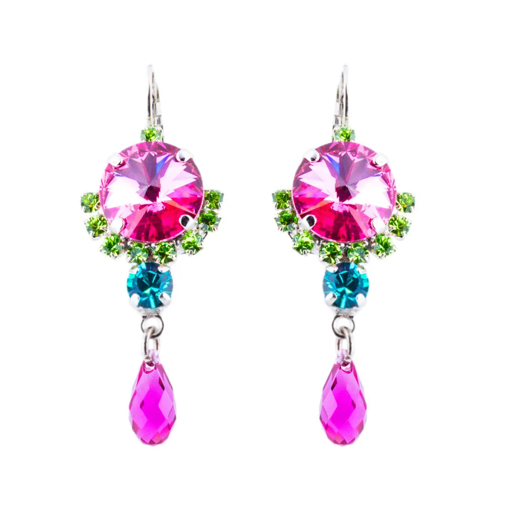 Rivoli Cluster Leverback Earrings with Briolette Dangle in "Rainbow Sherbet" *Custom*