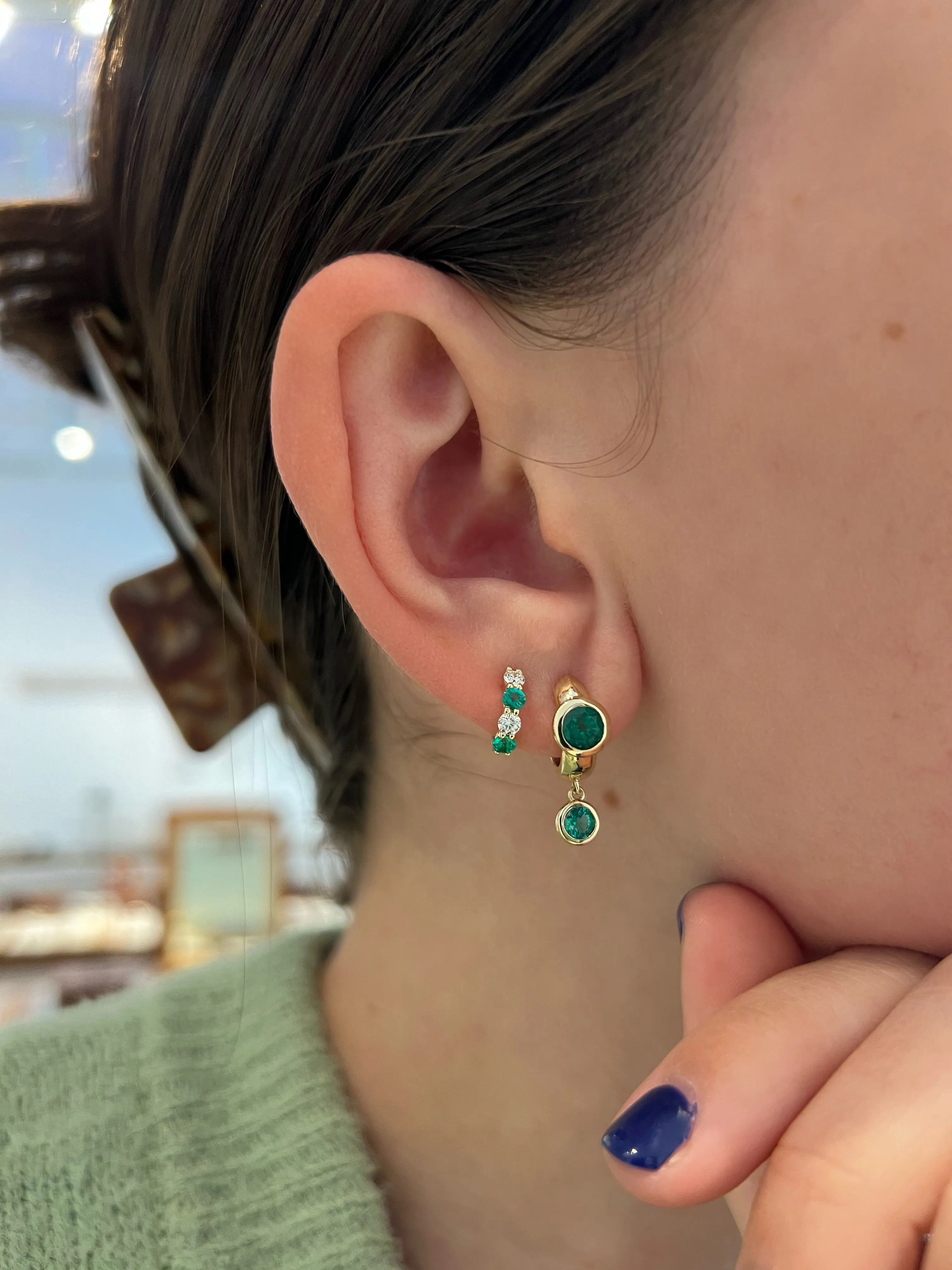 Round Diamond & Emerald Huggie Earrings