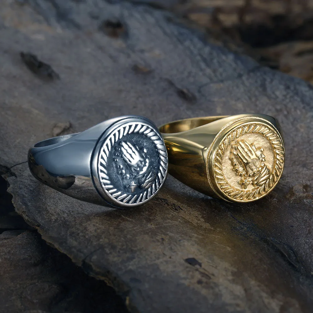 ROUND PRAYING HANDS SIGNET RING