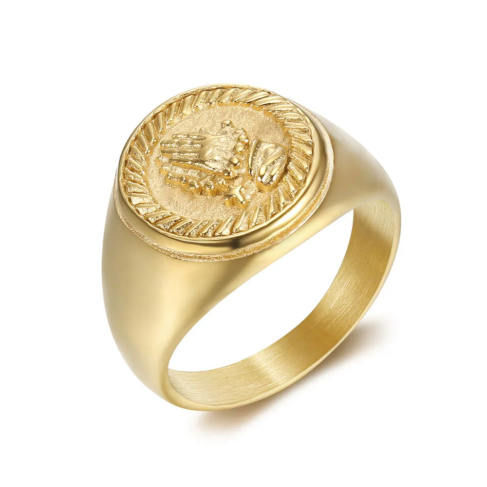 ROUND PRAYING HANDS SIGNET RING
