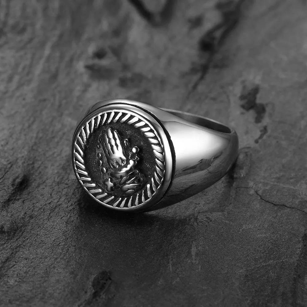ROUND PRAYING HANDS SIGNET RING