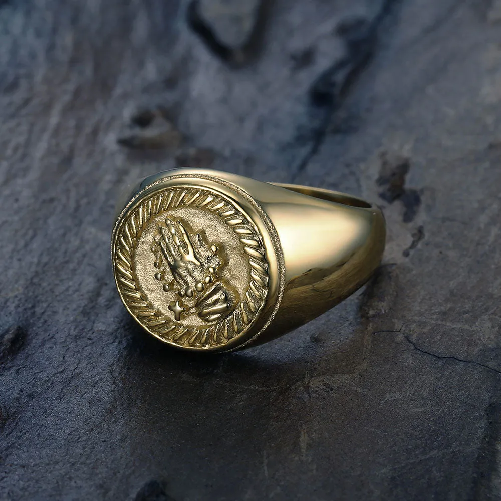 ROUND PRAYING HANDS SIGNET RING