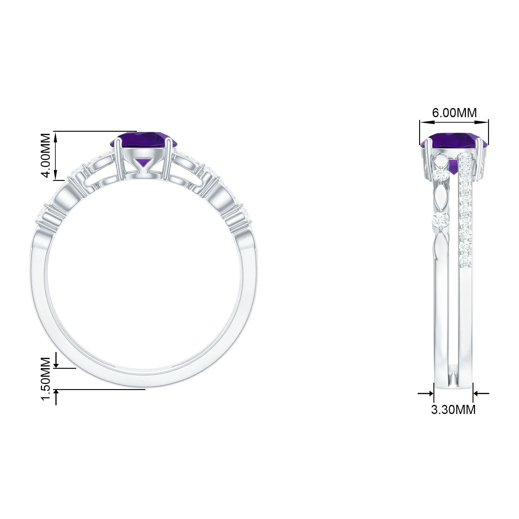 Round Shape Amethyst Solitaire Double Band Ring with Diamond