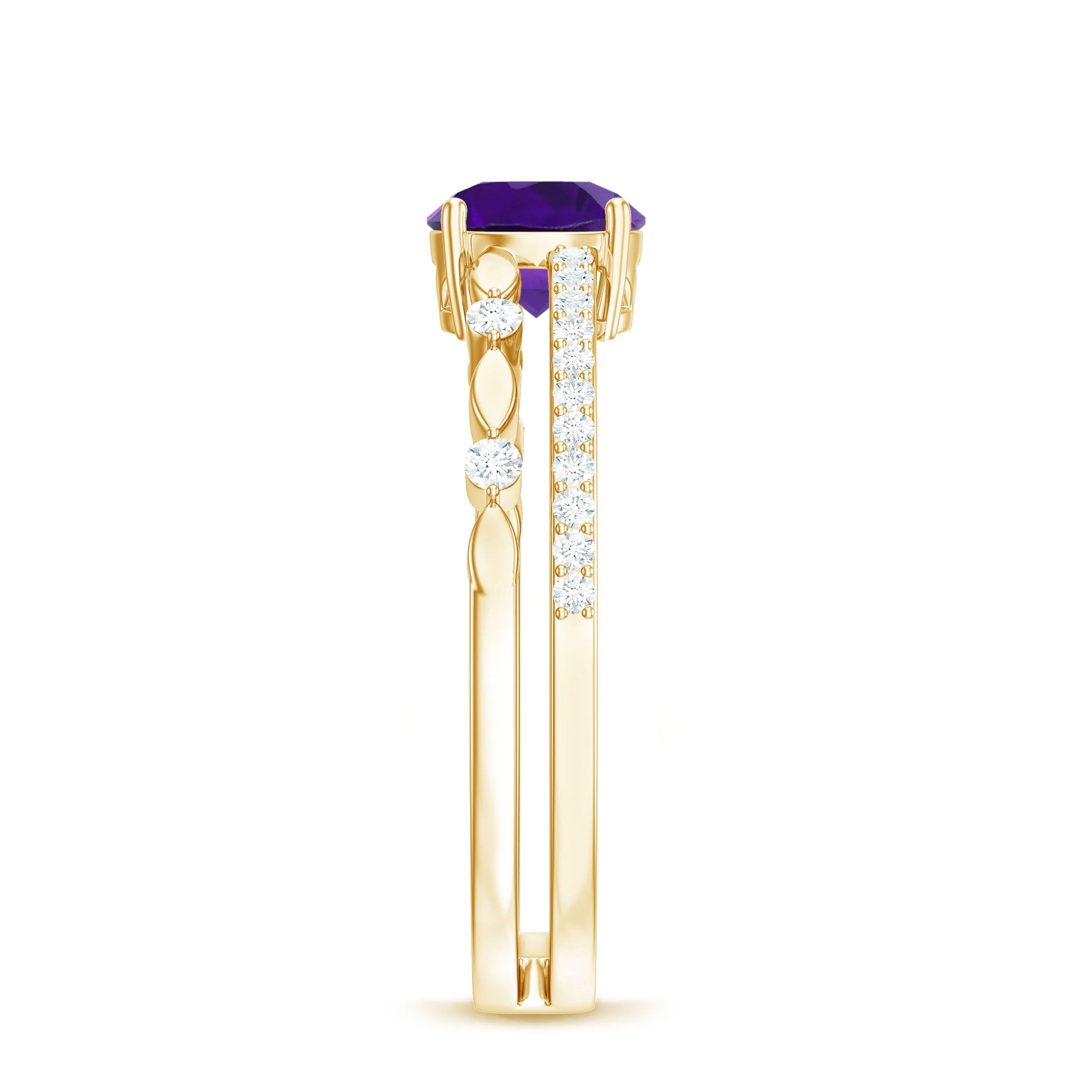 Round Shape Amethyst Solitaire Double Band Ring with Diamond