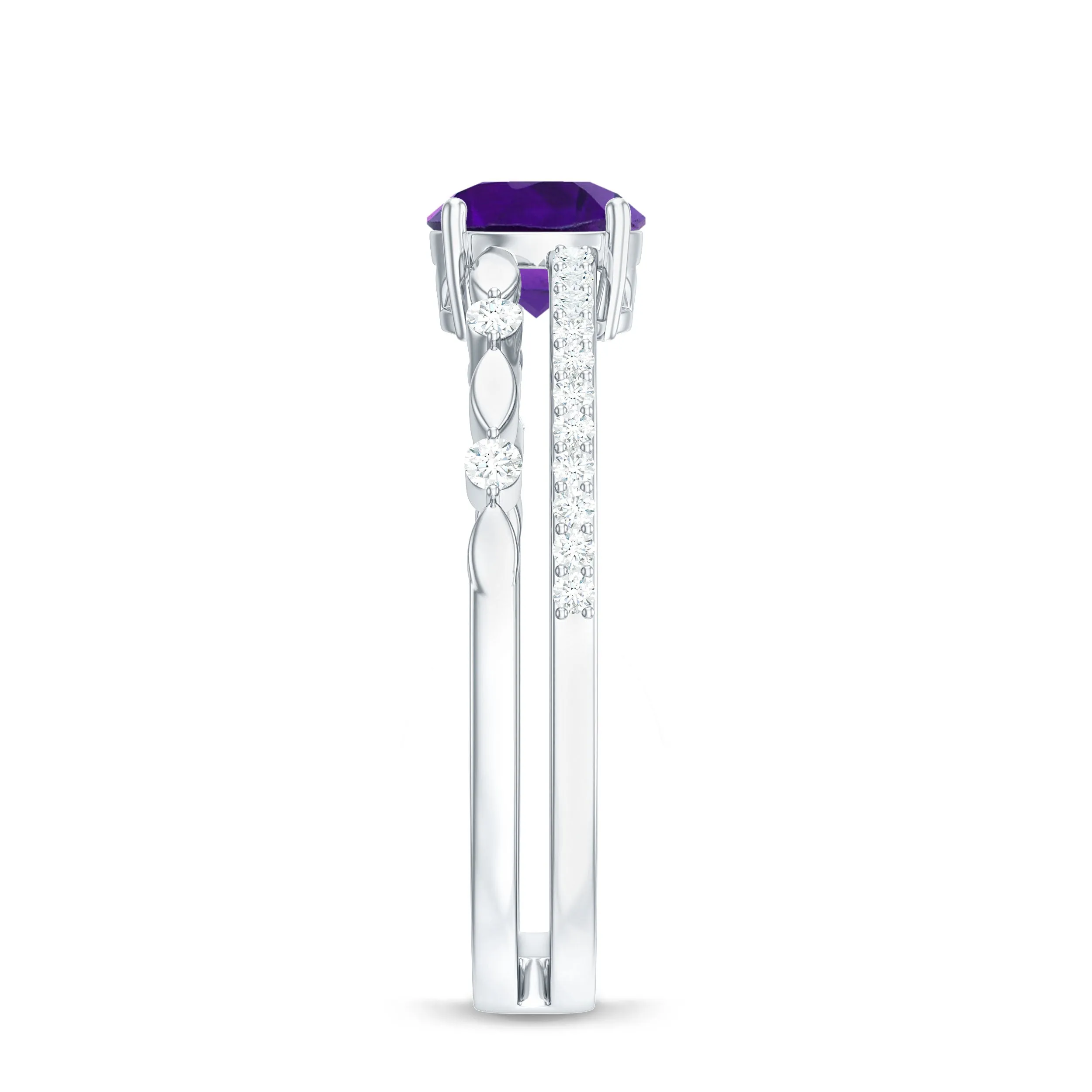 Round Shape Amethyst Solitaire Double Band Ring with Diamond