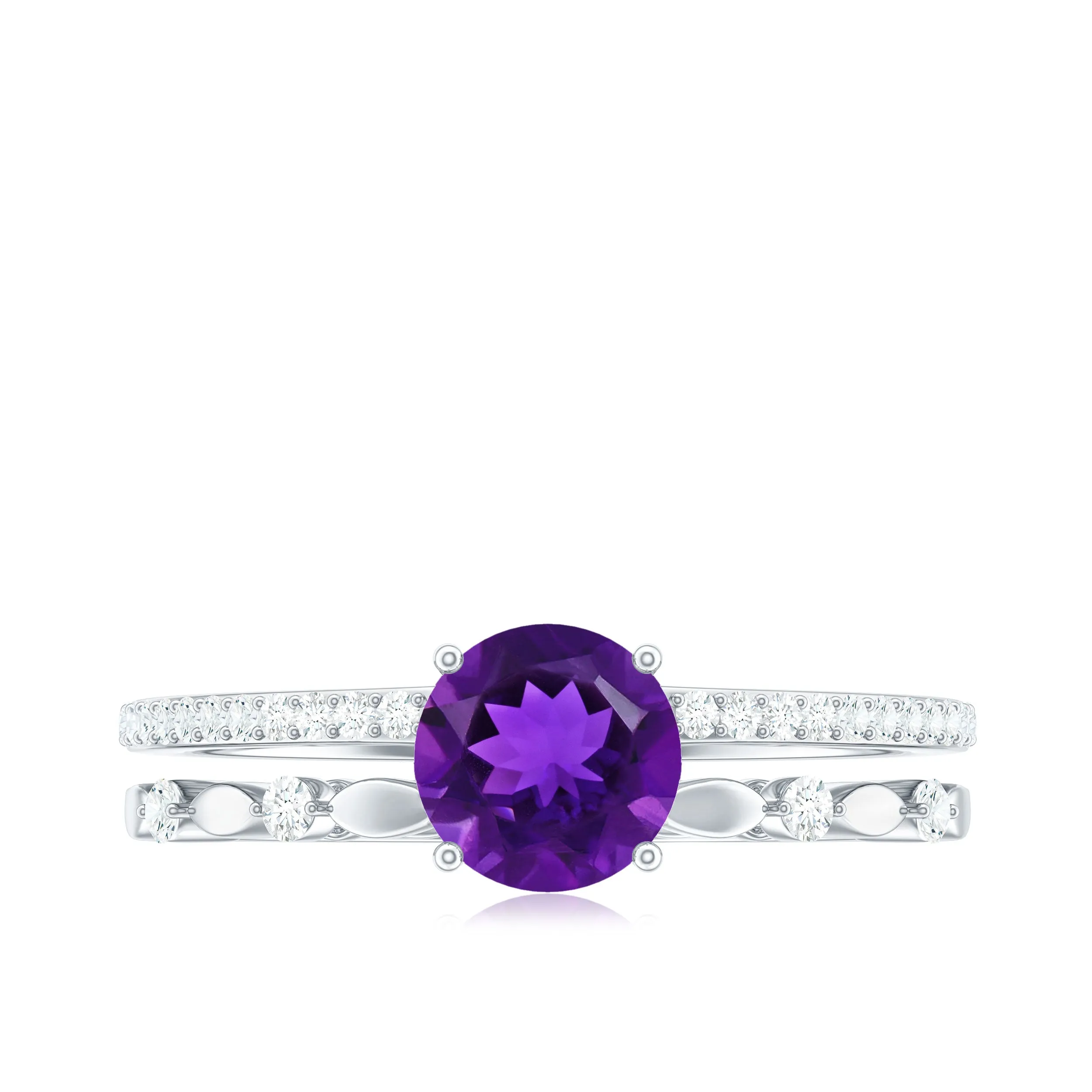 Round Shape Amethyst Solitaire Double Band Ring with Diamond