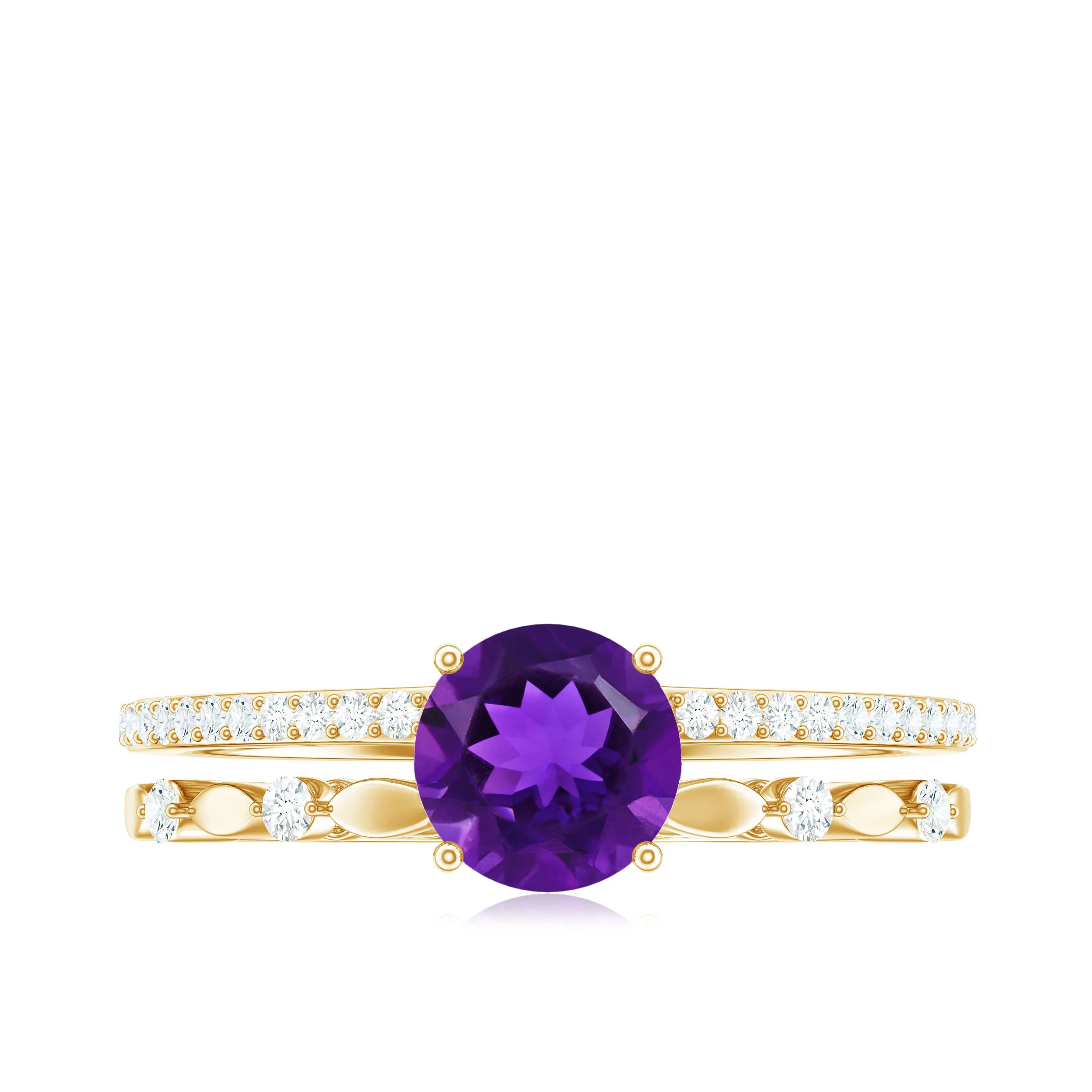 Round Shape Amethyst Solitaire Double Band Ring with Diamond