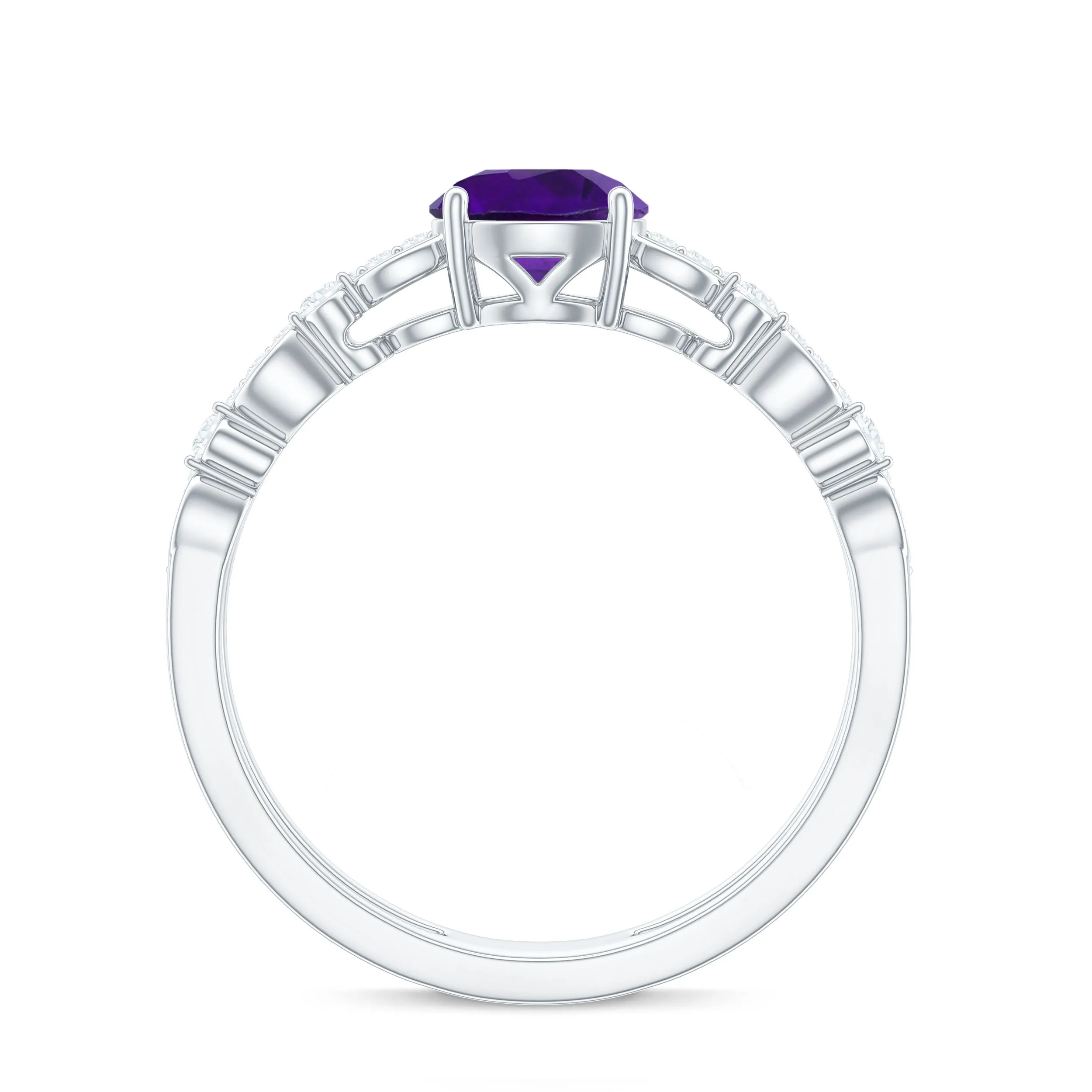 Round Shape Amethyst Solitaire Double Band Ring with Diamond