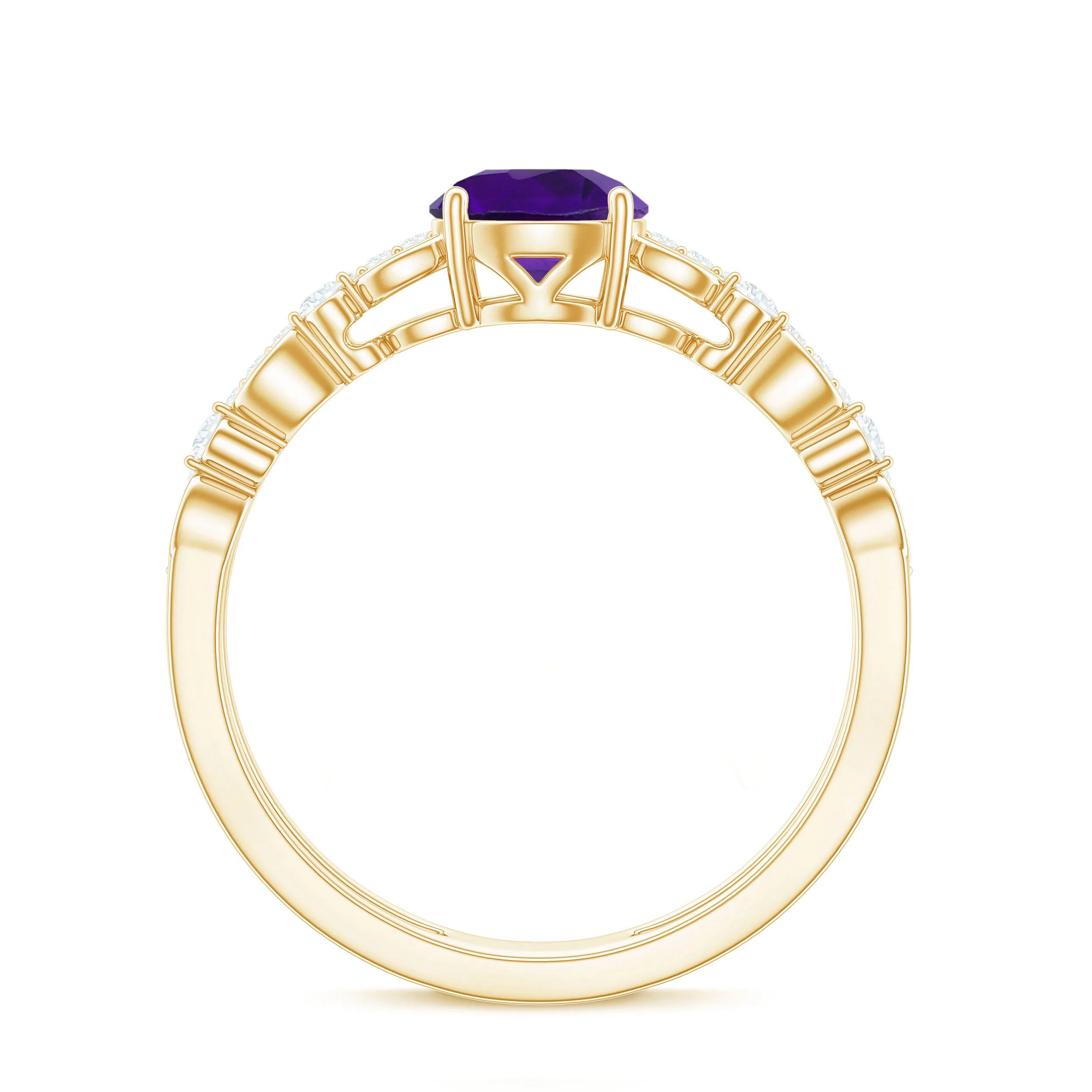 Round Shape Amethyst Solitaire Double Band Ring with Diamond