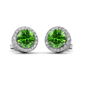 Royal August Birthstone Peridot Earrings, 18k White Gold Plated Silver Halo Earrings with Round Cut Crystals