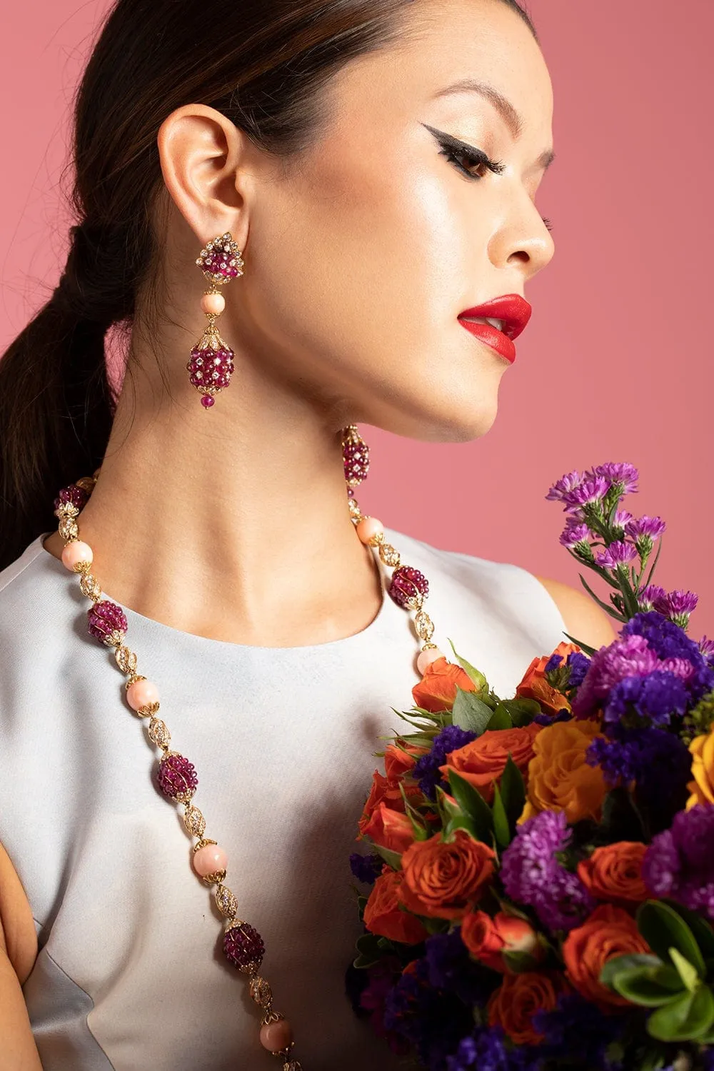 Ruby and Coral Bead Diamond Earrings