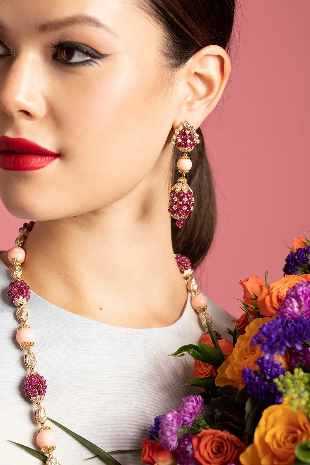 Ruby and Coral Bead Diamond Earrings