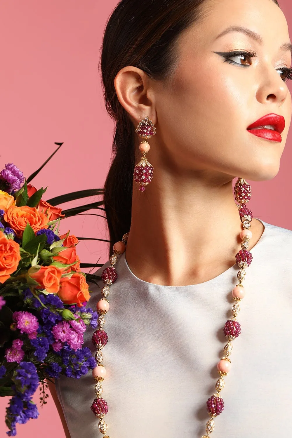 Ruby and Coral Bead Diamond Earrings