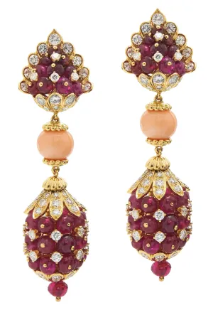 Ruby and Coral Bead Diamond Earrings