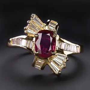 RUBY DIAMOND COCKTAIL RING 18k YELLOW GOLD NATURAL BYPASS OVAL BAGUETTE ESTATE
