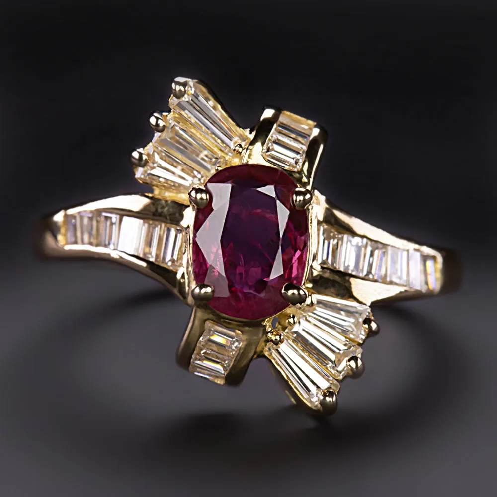 RUBY DIAMOND COCKTAIL RING 18k YELLOW GOLD NATURAL BYPASS OVAL BAGUETTE ESTATE