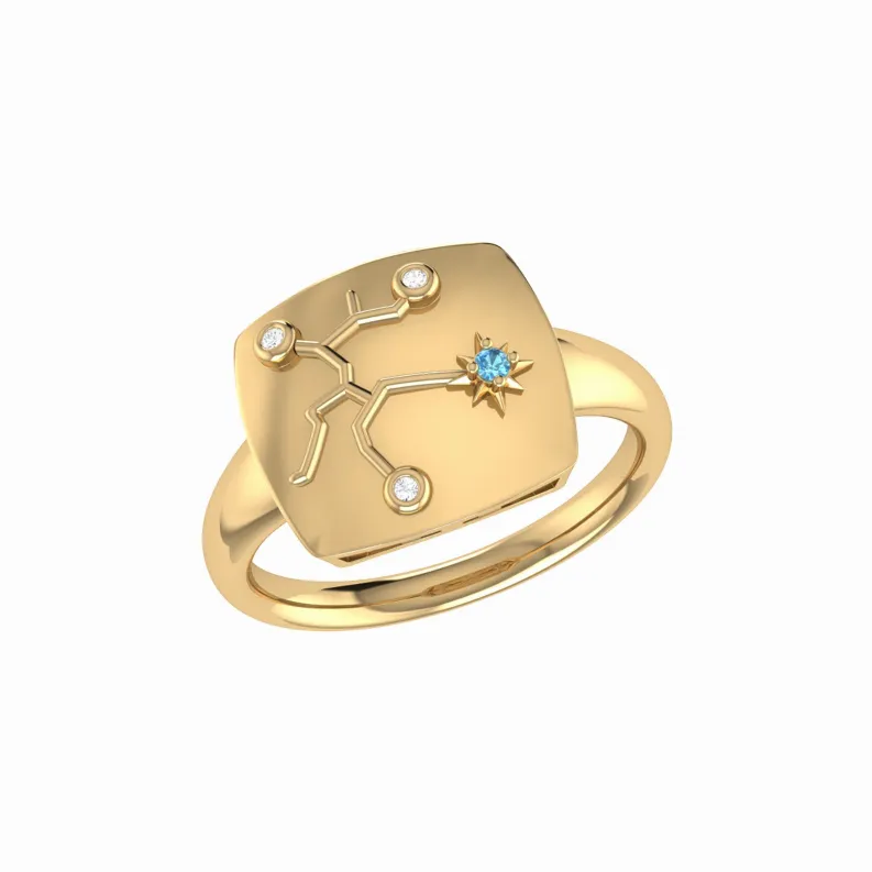 Sagittarius Archer Blue Topaz & Diamond Constellation Signet Ring in Sterling Silver