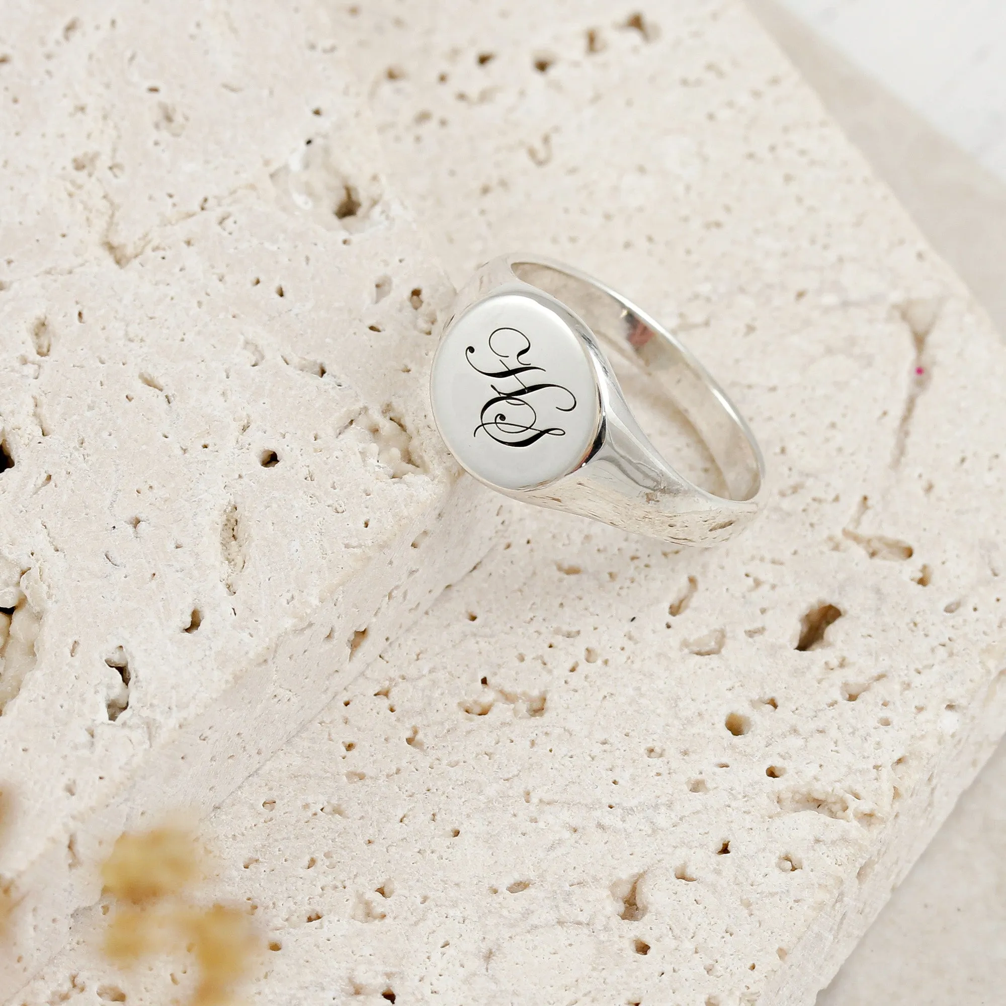 Script Initials Round Silver Signet Ring