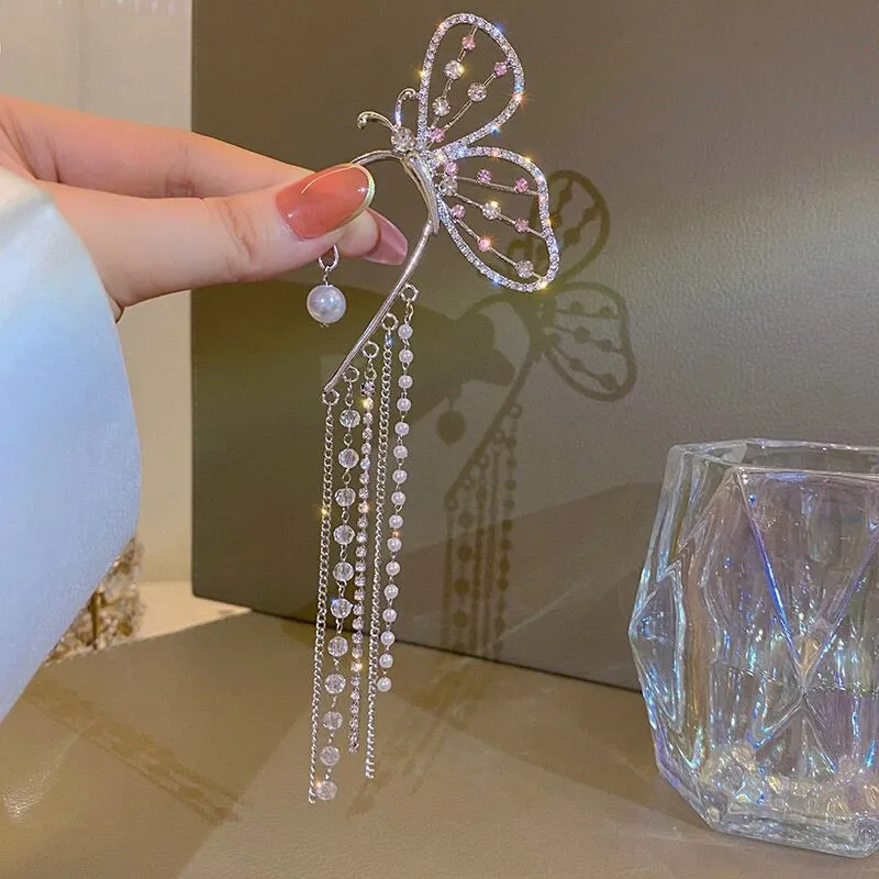 Shining Rhinestone Bejeweled Long Tassel Ear Cartilage Cuff Earrings
