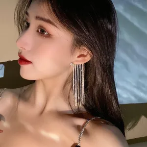 Shining Rhinestone Bejeweled Long Tassel Ear Cartilage Cuff Earrings