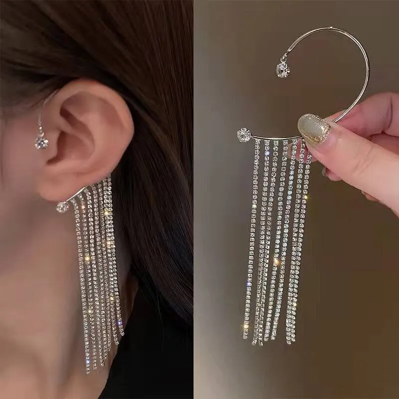 Shining Rhinestone Bejeweled Long Tassel Ear Cartilage Cuff Earrings