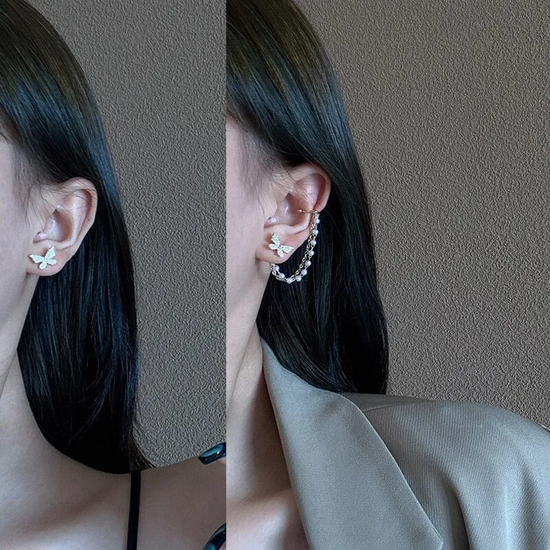 Shining Rhinestone Bejeweled Long Tassel Ear Cartilage Cuff Earrings