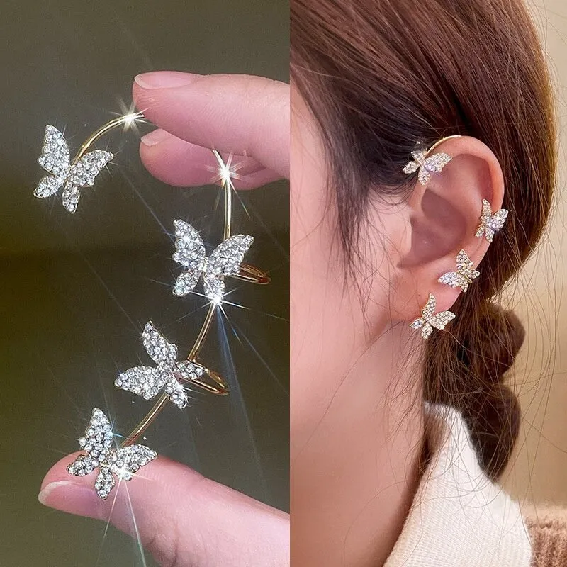 Shining Rhinestone Bejeweled Long Tassel Ear Cartilage Cuff Earrings