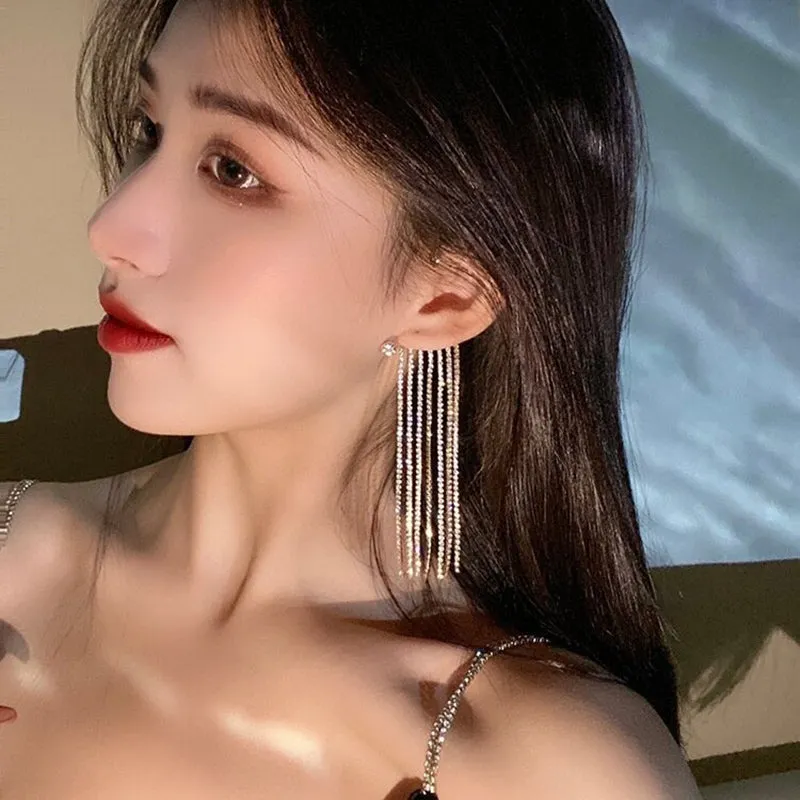 Shining Rhinestone Bejeweled Long Tassel Ear Cartilage Cuff Earrings