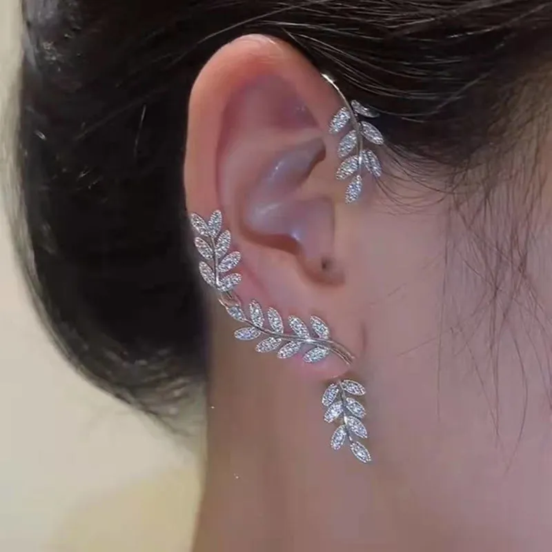Shining Rhinestone Bejeweled Long Tassel Ear Cartilage Cuff Earrings
