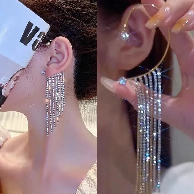 Shining Rhinestone Bejeweled Long Tassel Ear Cartilage Cuff Earrings