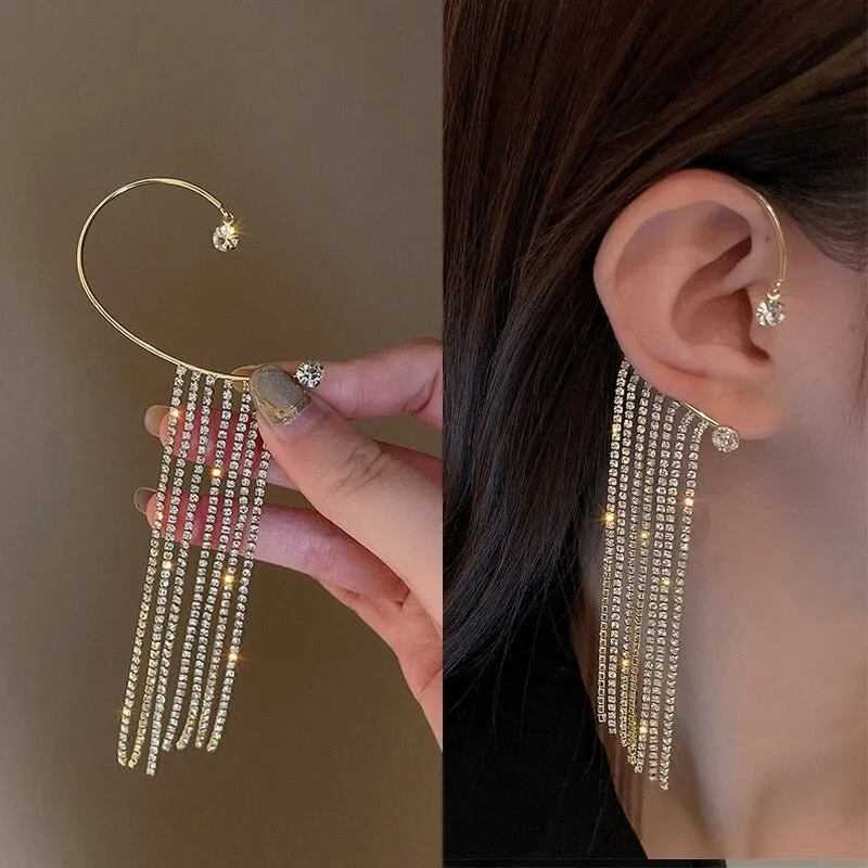 Shining Rhinestone Bejeweled Long Tassel Ear Cartilage Cuff Earrings