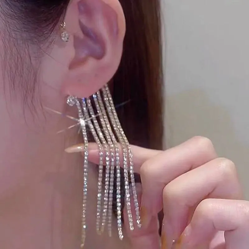 Shining Rhinestone Bejeweled Long Tassel Ear Cartilage Cuff Earrings