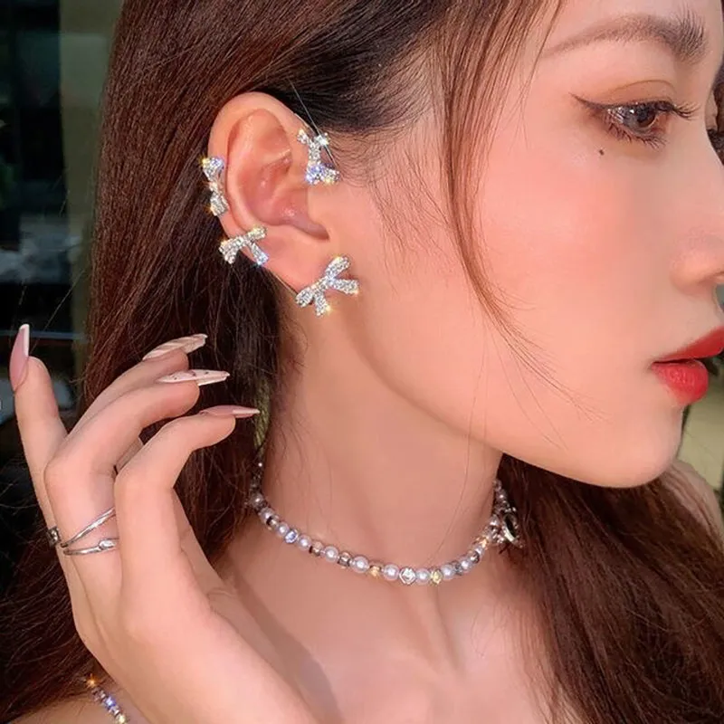 Shining Rhinestone Bejeweled Long Tassel Ear Cartilage Cuff Earrings