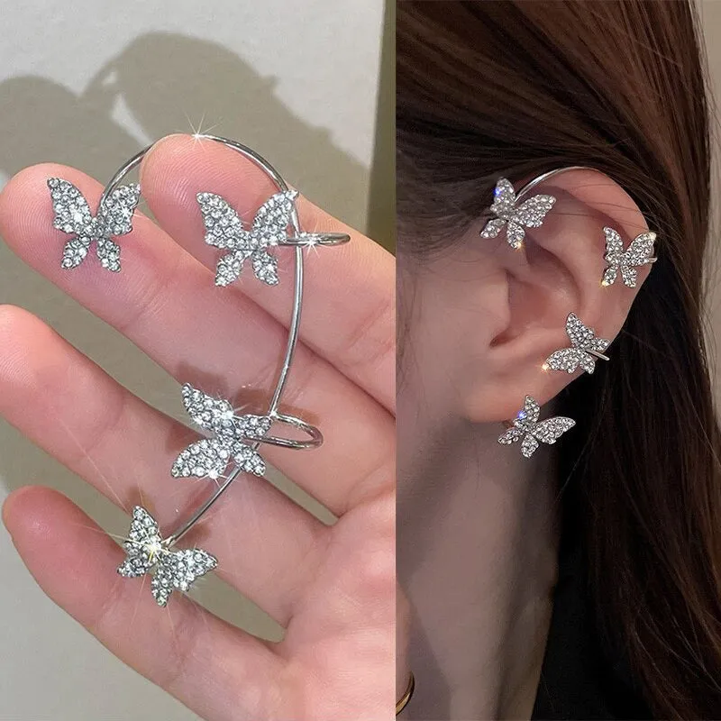 Shining Rhinestone Bejeweled Long Tassel Ear Cartilage Cuff Earrings