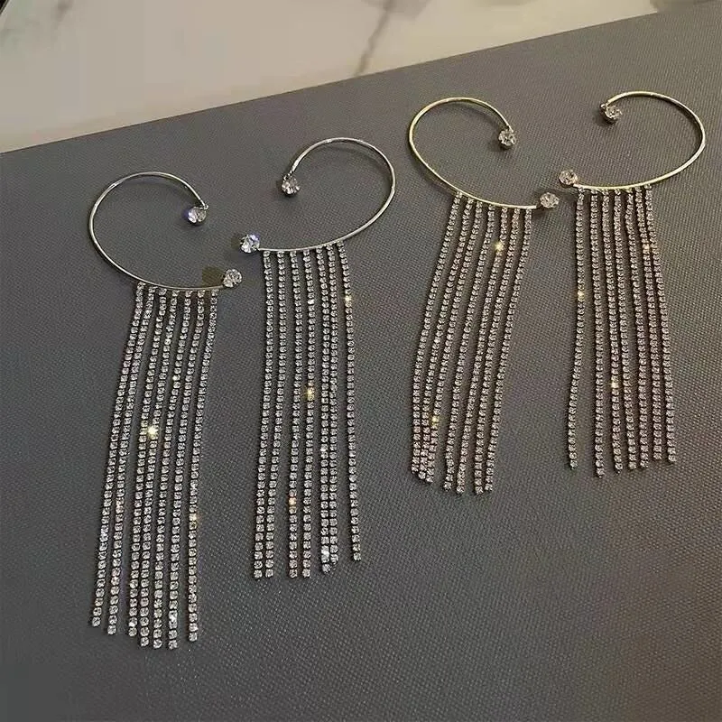Shining Rhinestone Bejeweled Long Tassel Ear Cartilage Cuff Earrings