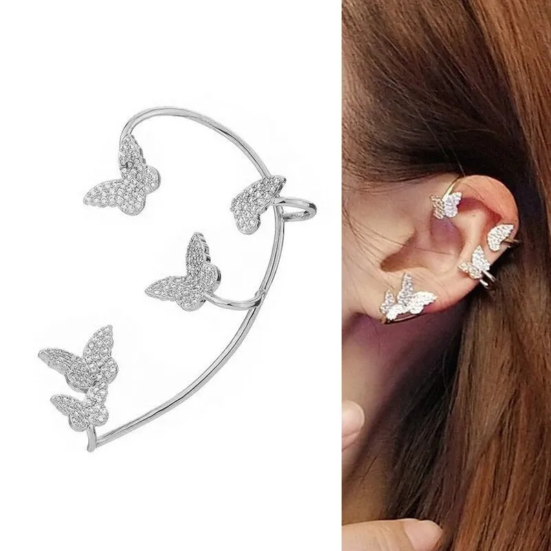 Shining Rhinestone Bejeweled Long Tassel Ear Cartilage Cuff Earrings