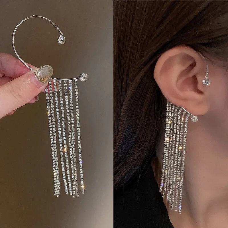 Shining Rhinestone Bejeweled Long Tassel Ear Cartilage Cuff Earrings