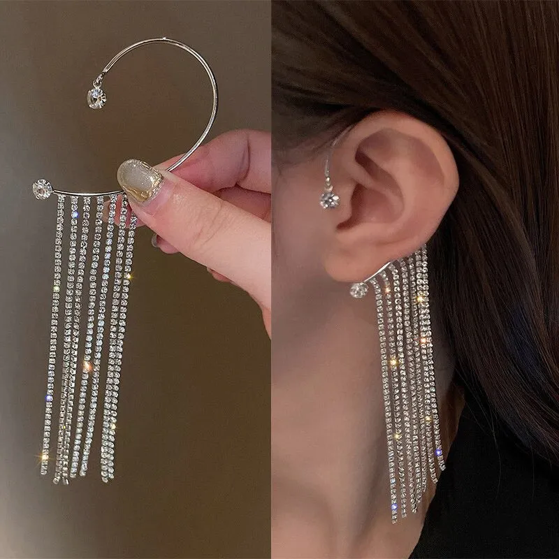 Shining Rhinestone Bejeweled Long Tassel Ear Cartilage Cuff Earrings