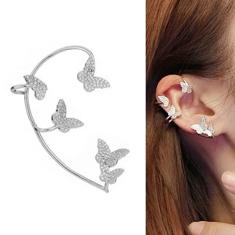 Shining Rhinestone Bejeweled Long Tassel Ear Cartilage Cuff Earrings