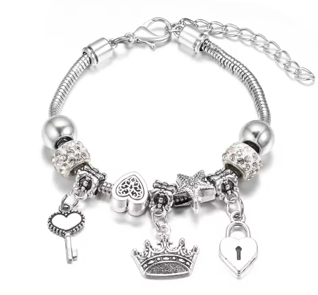 Silver Colored Crown Charm Bracelet