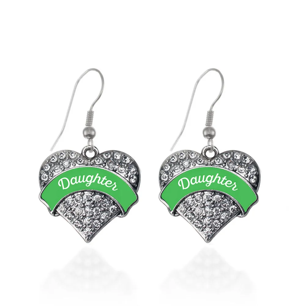 Silver Emerald Green Daughter Pave Heart Charm Dangle Earrings