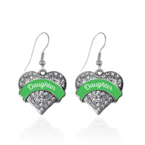 Silver Emerald Green Daughter Pave Heart Charm Dangle Earrings