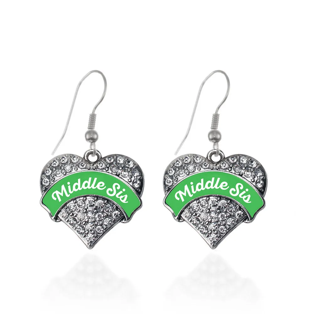 Silver Emerald Green Middle Sister Pave Heart Charm Dangle Earrings