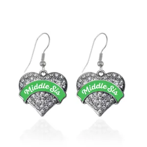 Silver Emerald Green Middle Sister Pave Heart Charm Dangle Earrings