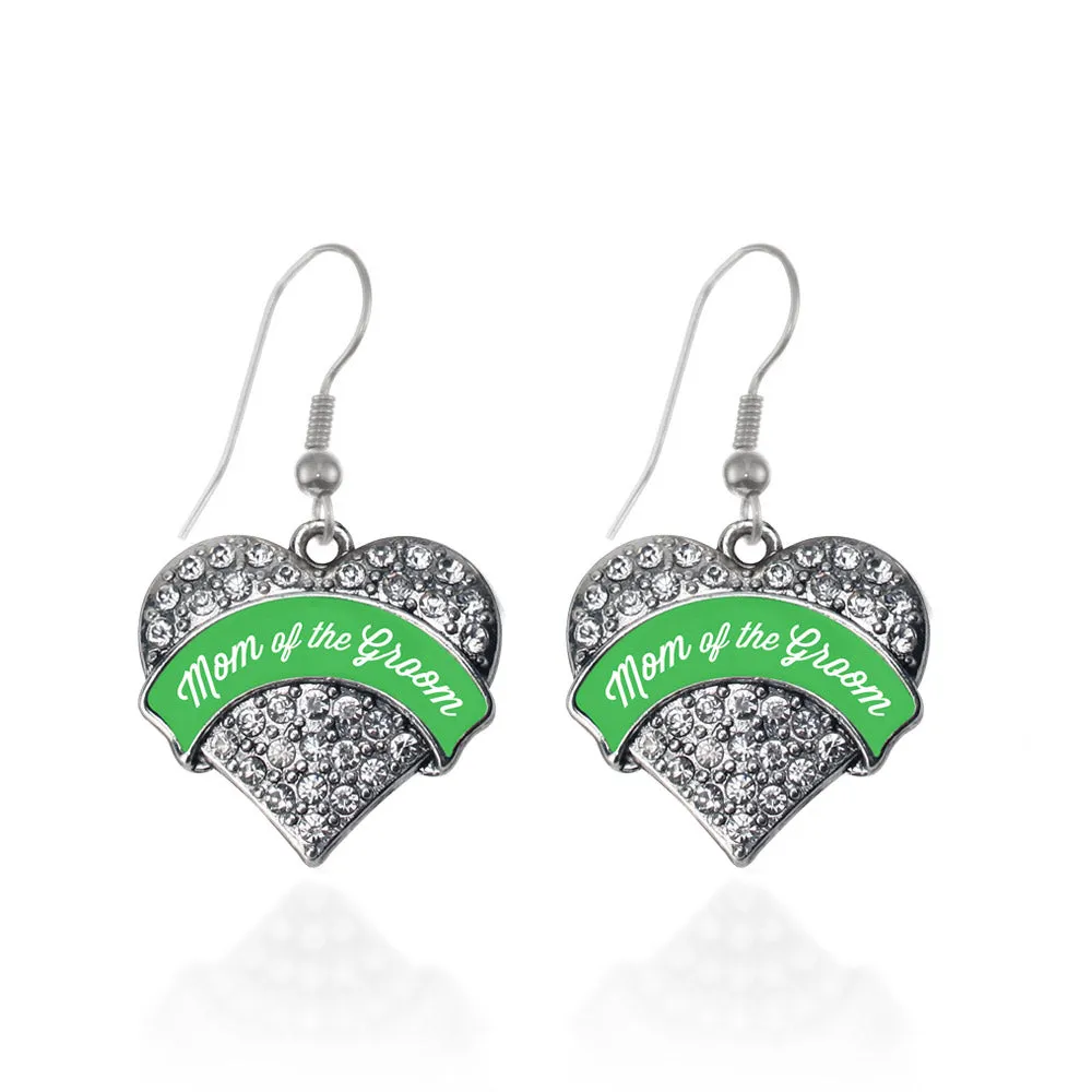 Silver Emerald Green Mom of the Groom Pave Heart Charm Dangle Earrings