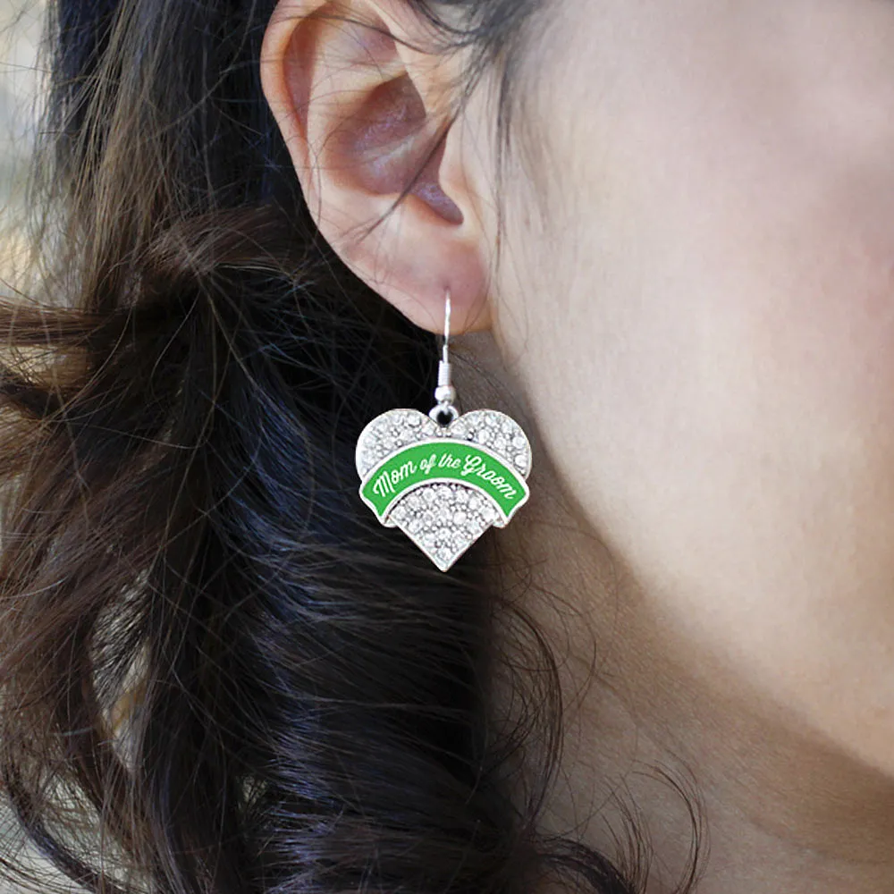 Silver Emerald Green Mom of the Groom Pave Heart Charm Dangle Earrings