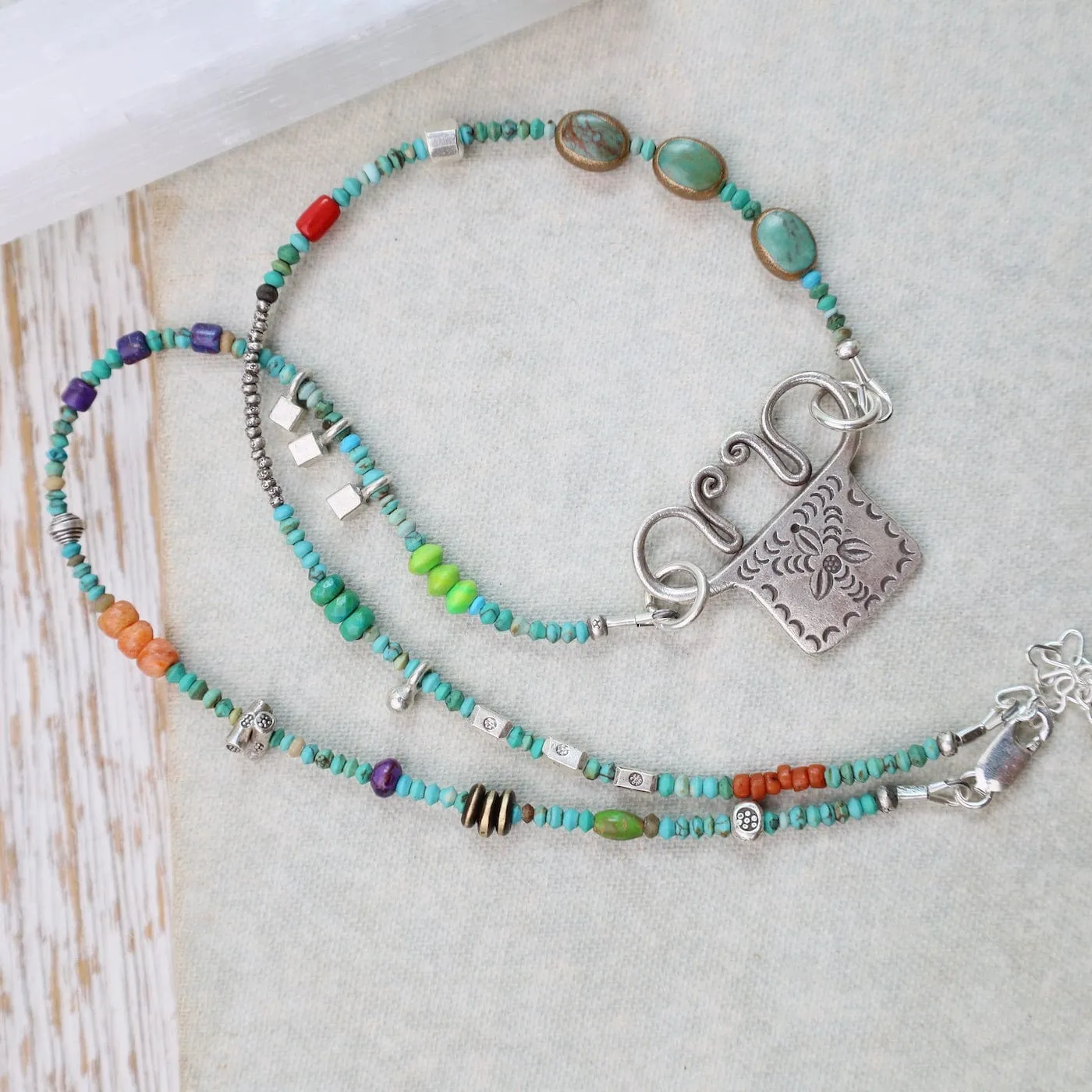 Silver Turquoise Trilogy with Windmill Spirit Lock Necklace