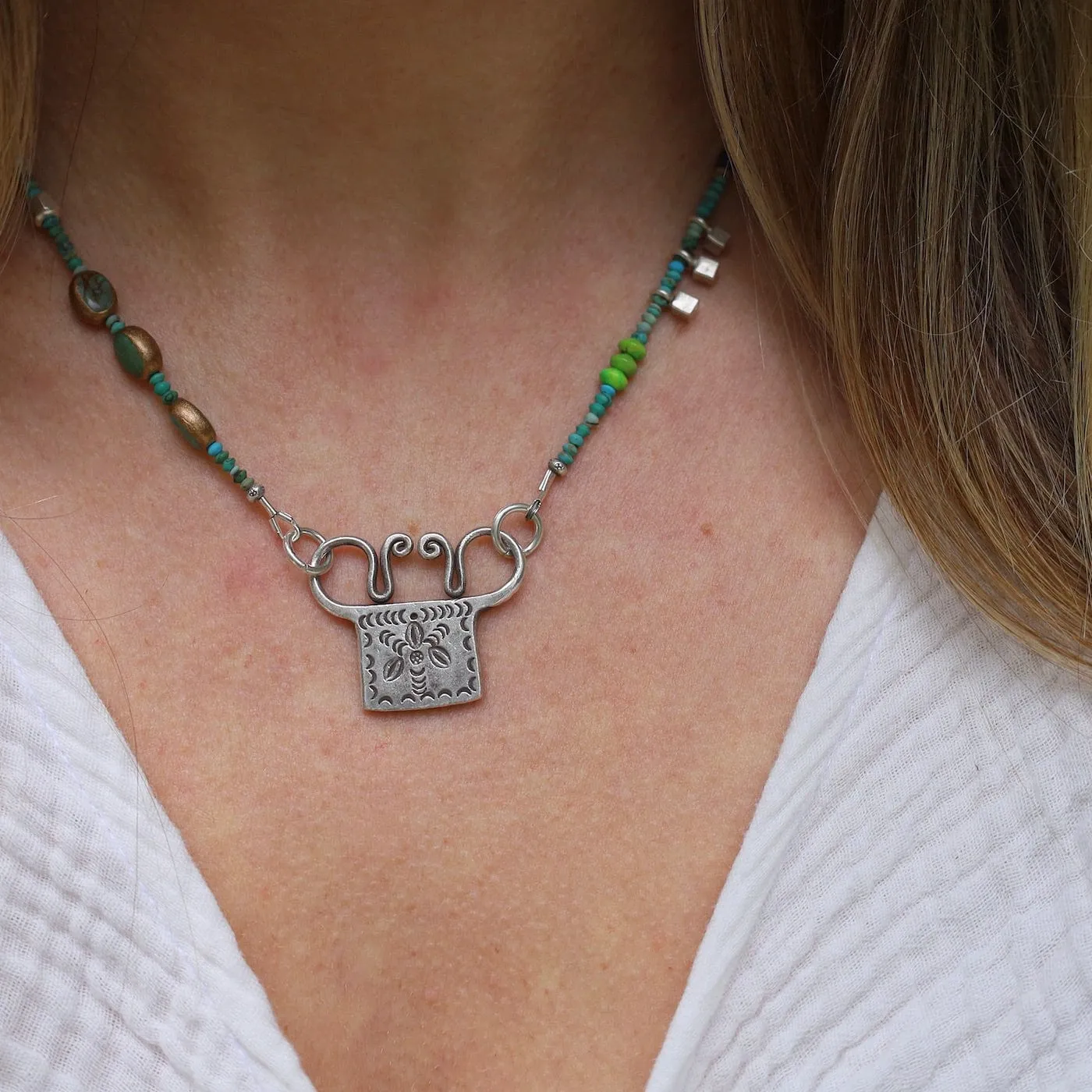 Silver Turquoise Trilogy with Windmill Spirit Lock Necklace