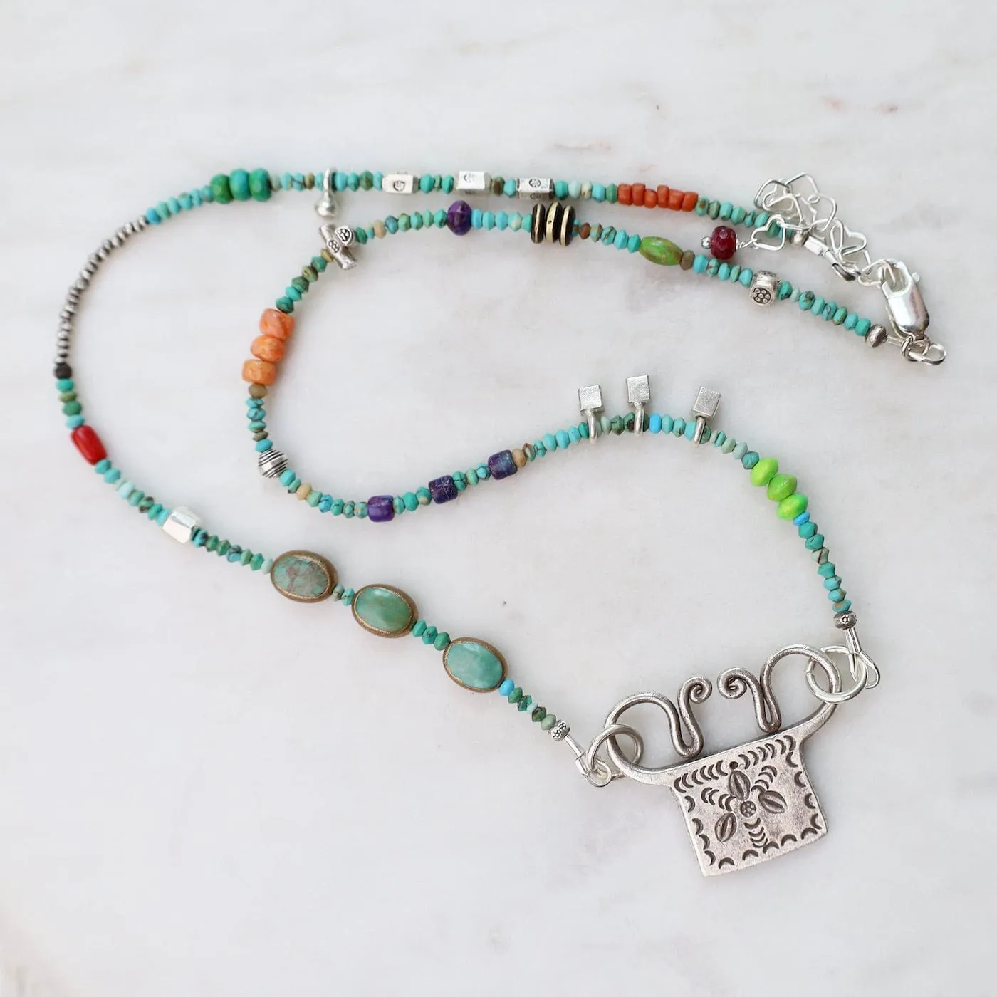 Silver Turquoise Trilogy with Windmill Spirit Lock Necklace