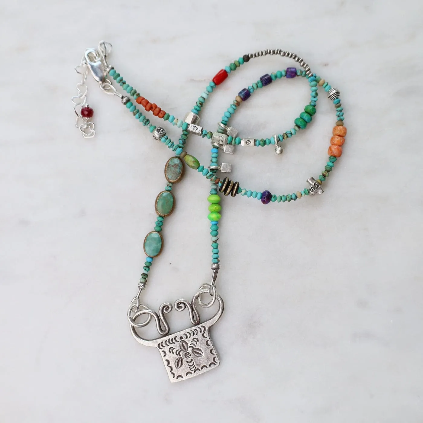 Silver Turquoise Trilogy with Windmill Spirit Lock Necklace